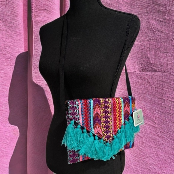 Ethnic Boho Large Clutch Suede Wristlet Bag Handmade Embroidery Tassels Indi NEW - Picture 13 of 16